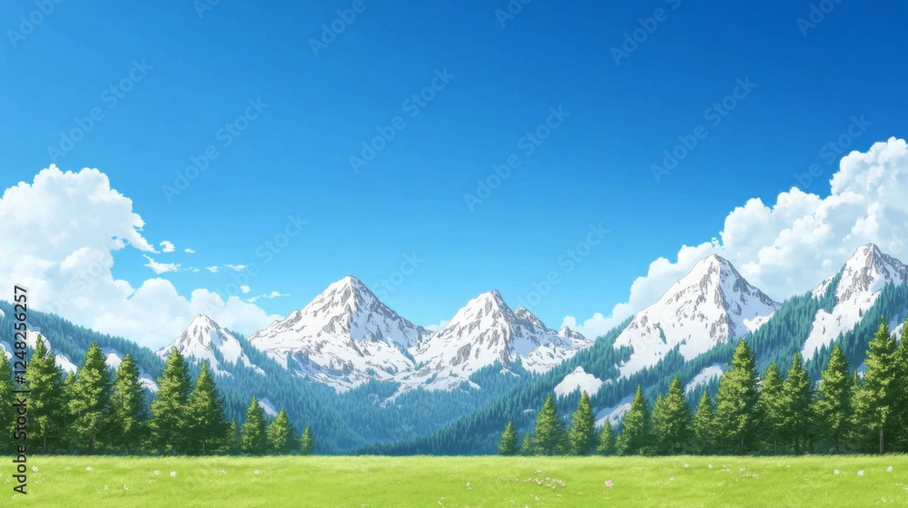 beautiful mountain range with snow capped peaks under clear blue sky, surrounded by lush green forest and vibrant meadow beautiful mountain range with snow capped peaks under clear blue sky, surrounded by lush green forest and vibrant meadow