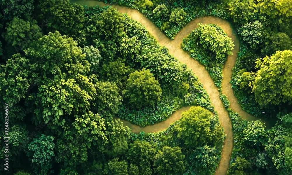 Aerial View of Winding Path Through Lush Green Forest Aerial View of Winding Path Through Lush Green Forest