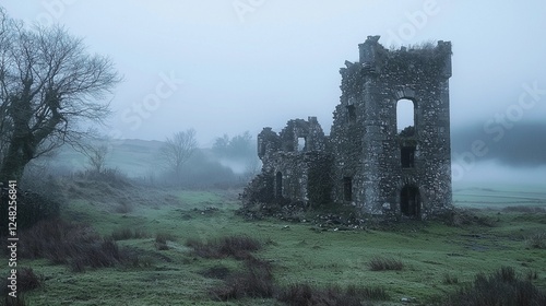 Foggy morning reveals ancient stone ruins amidst overgrown grass in a secluded landscape photo