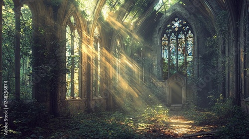 Fototapeta Naklejka Na Ścianę i Meble -  Light streams through the overgrown ruins of a historic chapel in a tranquil forest setting