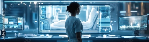 A medical professional observes advanced technology and data on multiple screens in a futuristic setting.