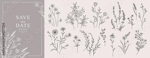 Elegant minimal style set of flowers, branches, leaves. Hand drawn delicate botanical rustic greenery in line art. Vector isolated for wedding invitation, card, logo design, save the date, tattoo