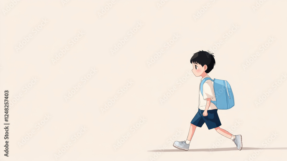 Fototapeta premium young boy with jet black hair wearing school uniform and carrying blue backpack walks confidently against plain background