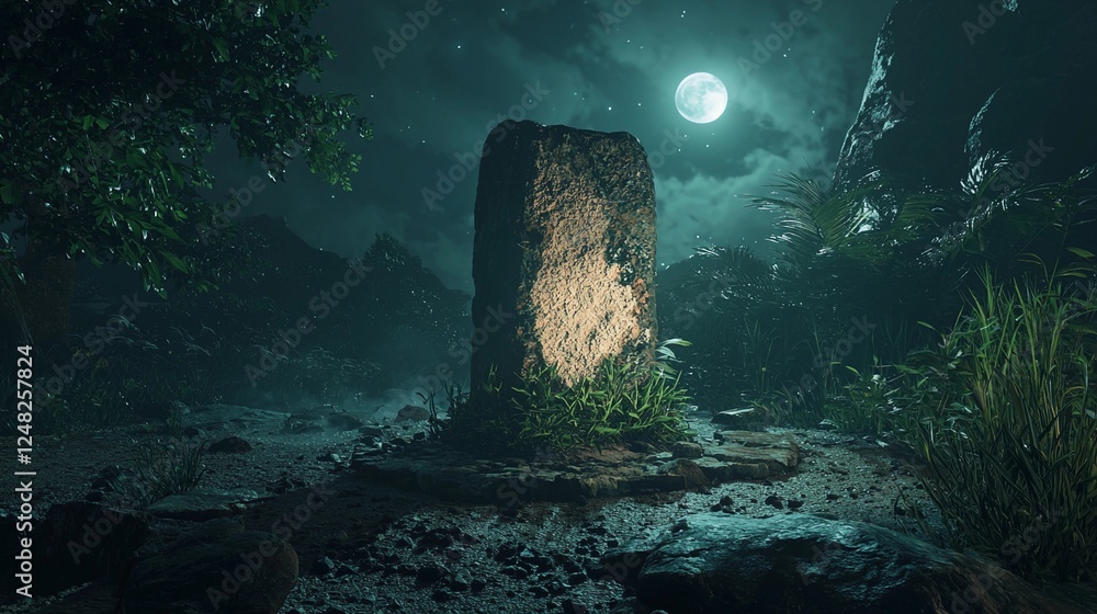 Mysterious stone monument illuminated by moonlight in a serene nighttime landscape Mysterious stone monument illuminated by moonlight in a serene nighttime landscape