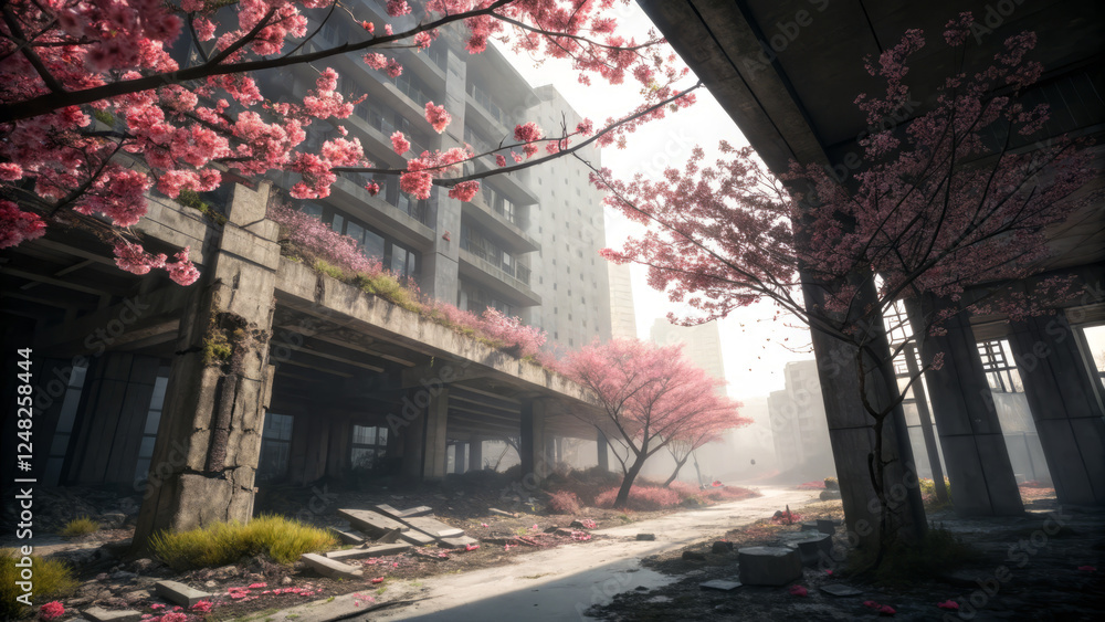 Abandoned urban landscape with cherry blossoms and decay Abandoned urban landscape with cherry blossoms and decay