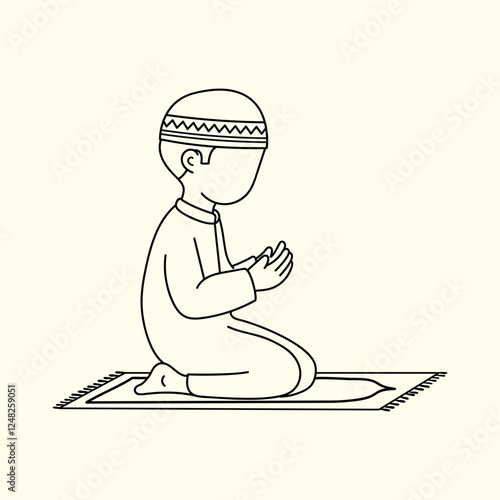 Young Muslim Boy Praying on a Prayer Rug. Thin line illustration.