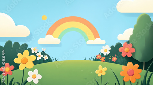 bright sunny meadow with colorful flowers and rainbow in background creates cheerful atmosphere