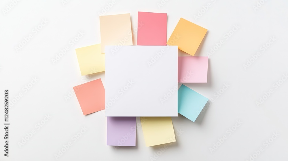 Colorful sticky notes arranged around a blank square notepad on a clean white surface Colorful sticky notes arranged around a blank square notepad on a clean white surface