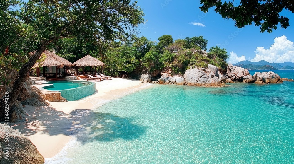 Fototapeta premium Luxury Tropical Island Getaway: Secluded Beach Villa with Private Pool and Breathtaking Ocean Views