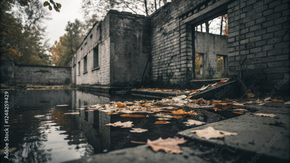 Abandoned building with crumbling walls and autumn leaves in water Abandoned building with crumbling walls and autumn leaves in water