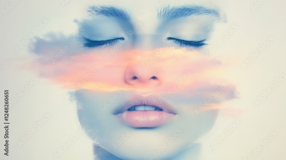 Fototapeta premium Dreamy woman's face with cloud overlay Serene beauty portrait with closed eyes and soft light evoking peace and relaxation