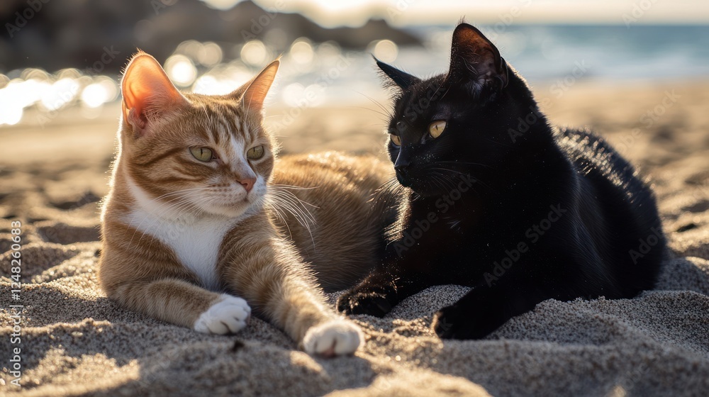 Two cats relaxing on sunny beach at sunset Two cats relaxing on sunny beach at sunset