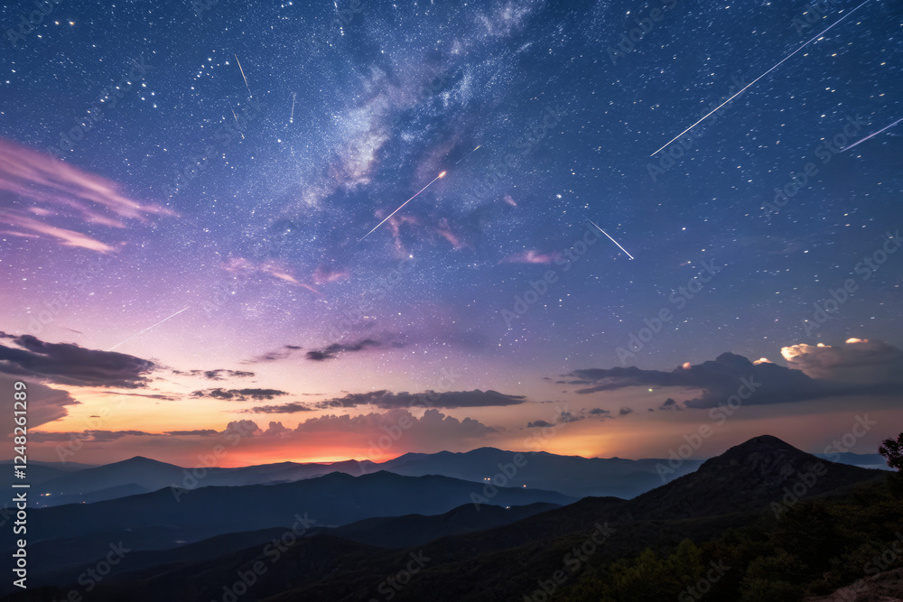 Fototapeta premium stunning panoramic view of meteor shower over celestial river at night