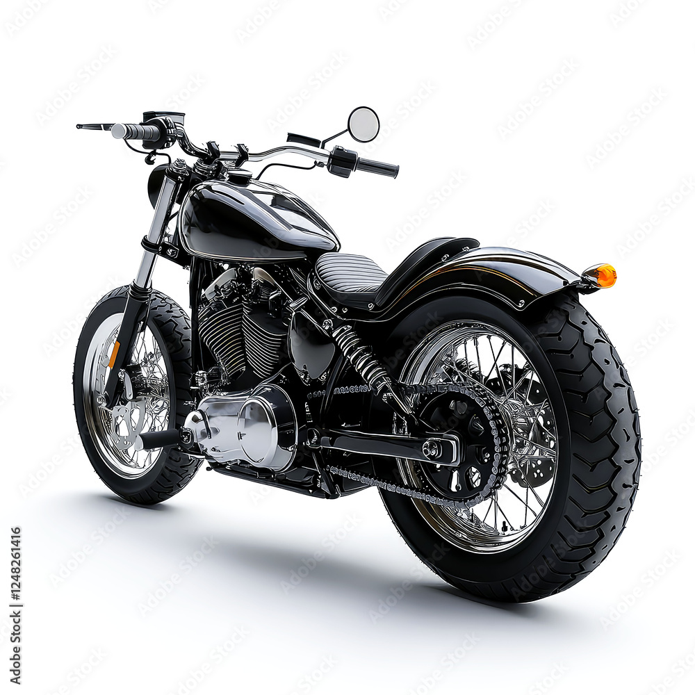Black Classic Chopper Motorcycle: Rear View, Chrome Details, Custom Design Black Classic Chopper Motorcycle: Rear View, Chrome Details, Custom Design