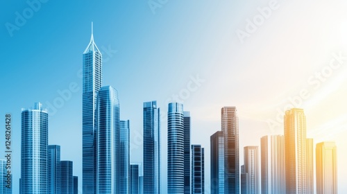 A modern skyline at sunrise featuring sleek skyscrapers against a clear blue sky, showcasing urban architecture and vibrant colors.