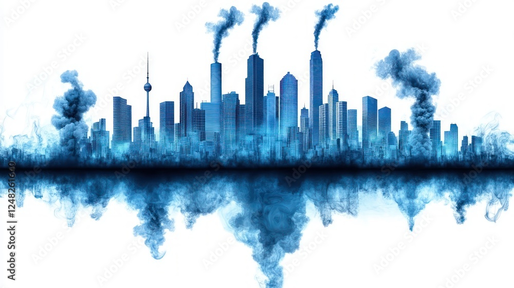 Obraz premium Urban skyline with smoke and pollution, reflecting on water, emphasizing environmental concerns and modern city challenges