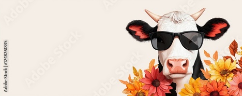 Cool cow with sunglasses and vibrant flowers.