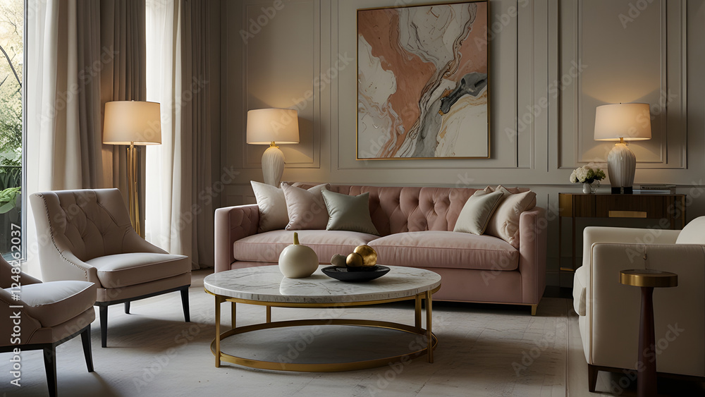 Elegant living space featuring soft tones, abstract decor, and a marble side table. A blend of comfort and style. Elegant living space featuring soft tones, abstract decor, and a marble side table. A blend of comfort and style.