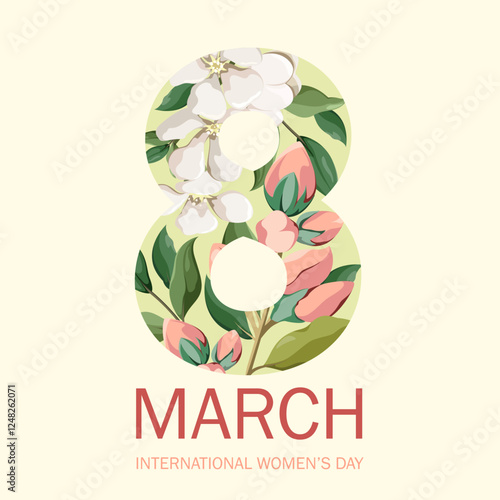 A greeting card from March 8th. International Women's Day. The number 8 with flowers. Vector illustration.