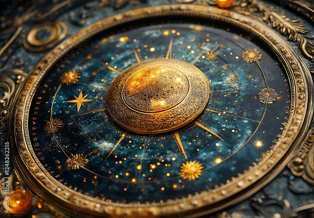 Golden Celestial Sun with Stars and Ornate Patterns on a Deep Blue Background
Golden Celestial Sun with Stars and Ornate Patterns on a Deep Blue Background