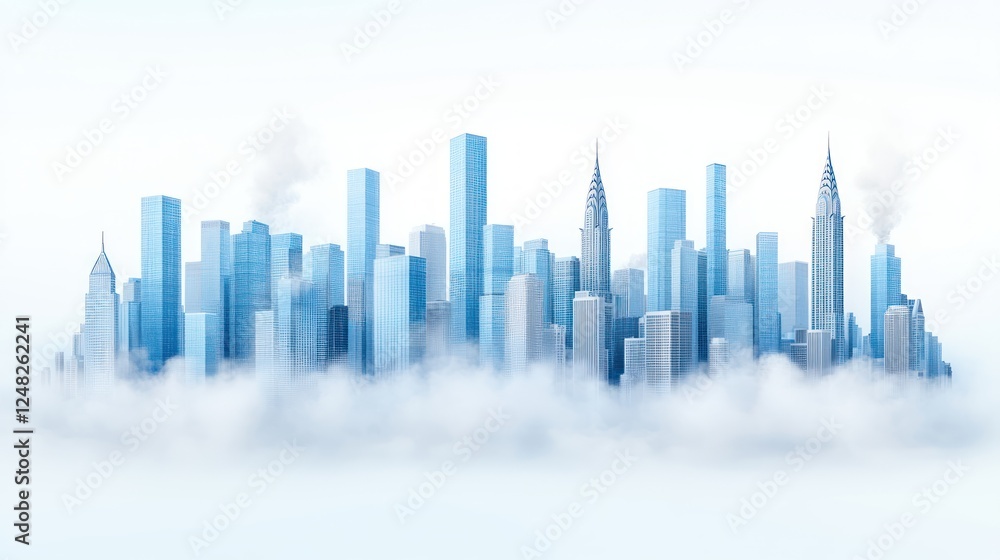 Ethereal Cityscape with Modern Skyscrapers Emerging from Mist in a Soft Light Background Ethereal Cityscape with Modern Skyscrapers Emerging from Mist in a Soft Light Background