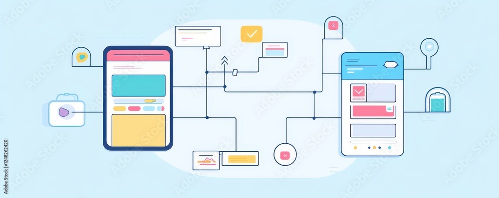 A modern illustration depicting mobile app interactions, featuring two smartphones connected through various data flow elements and icons. A modern illustration depicting mobile app interactions, featuring two smartphones connected through various data flow elements and icons.