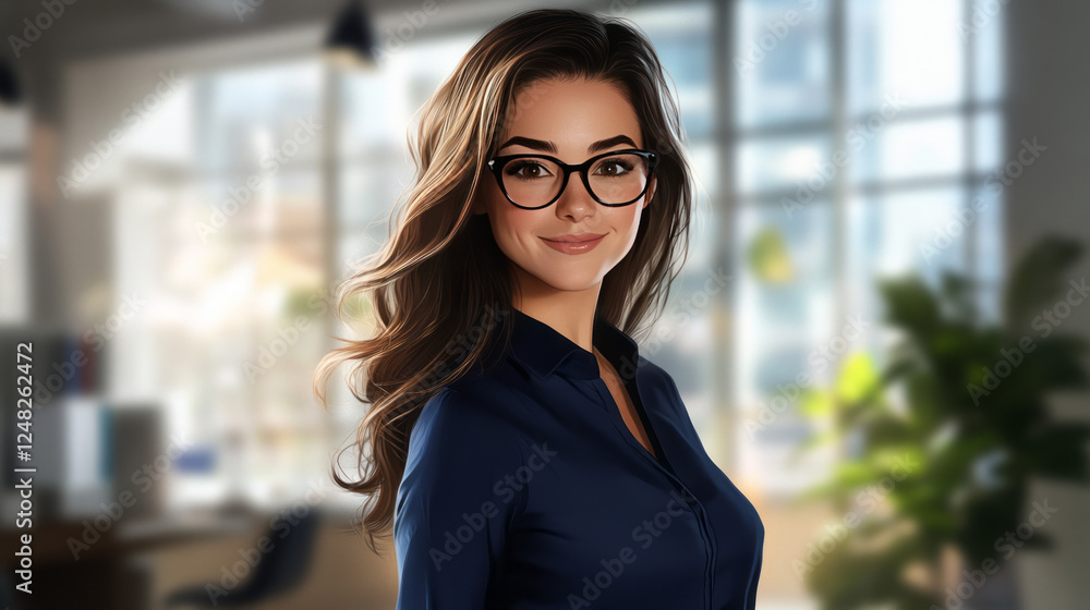 portrait of a confident woman with wavy dark brown hair, wearing a navy-blue blouse and black glasses. She is smiling warmly and standing in a modern portrait of a confident woman with wavy dark brown hair, wearing a navy-blue blouse and black glasses. She is smiling warmly and standing in a modern