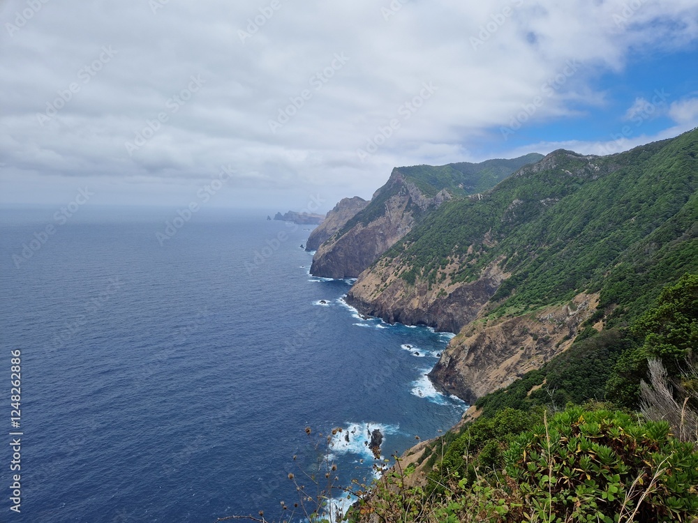 Fototapeta premium Lush Green Coastal Landscape with Waves Crashing on Rocky Shore