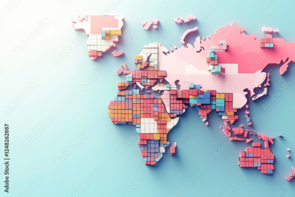 Obraz premium A colorful, geometric map of the world, showcasing various regions with vibrant patches and a playful design against a soft blue background.