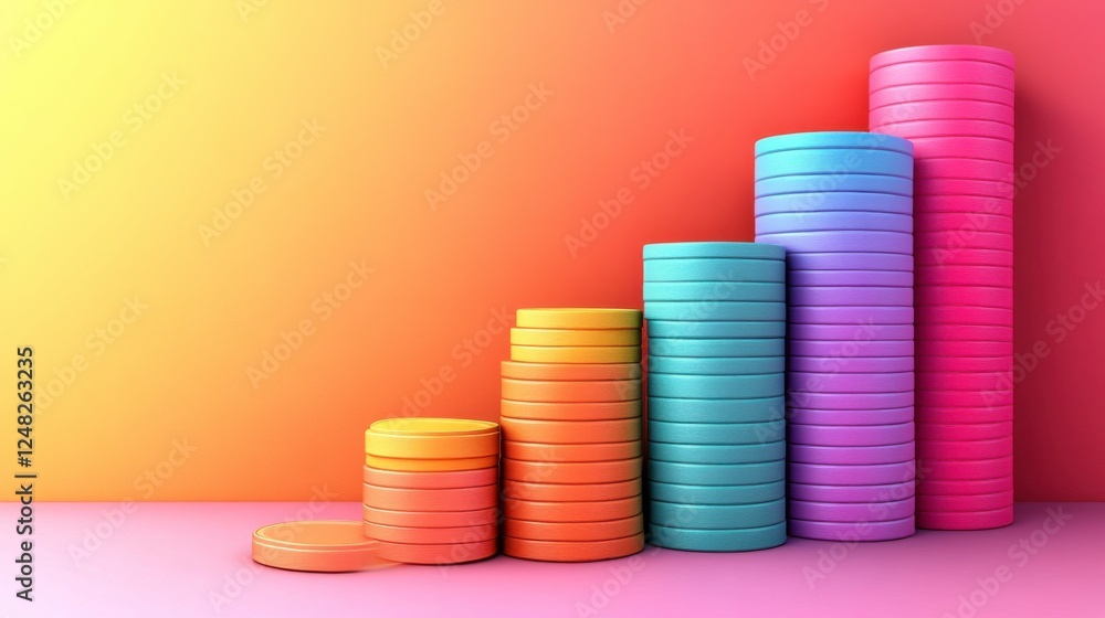 A colorful stack of coins arranged in ascending order on a gradient background, representing growth and financial success. A colorful stack of coins arranged in ascending order on a gradient background, representing growth and financial success.