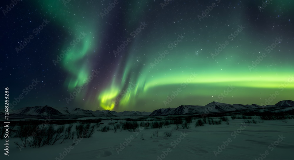 mesmerizing Arctic tundra landscape at night, illuminated by the vibrant green and purple hues of the Northern Lights dancing in the sky mesmerizing Arctic tundra landscape at night, illuminated by the vibrant green and purple hues of the Northern Lights dancing in the sky