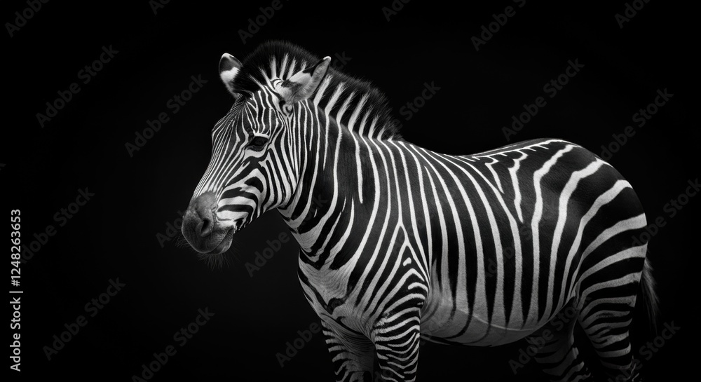 Close-up of zebra with striking black and white stripes against dark background Close-up of zebra with striking black and white stripes against dark background