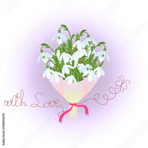 Greeting card with a picture of spring flowers in a bouquet. Bouquet of snowdrops. Delicate spring bouquet.