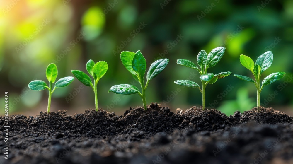 Fototapeta premium Fresh green seedlings growing in rich soil, symbolizing new beginnings and the importance of nurturing nature.