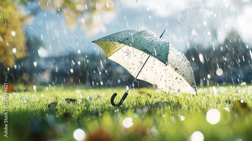 The umbrella is lying on the green grass. 