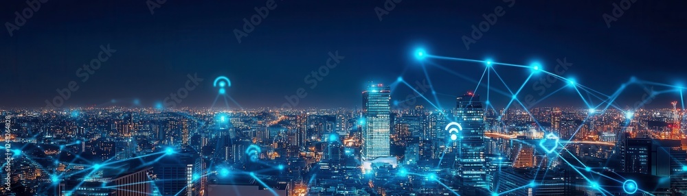 Obraz premium A vibrant city skyline at night, illuminated by digital connections and data networks, symbolizing technological advancement and urban life.