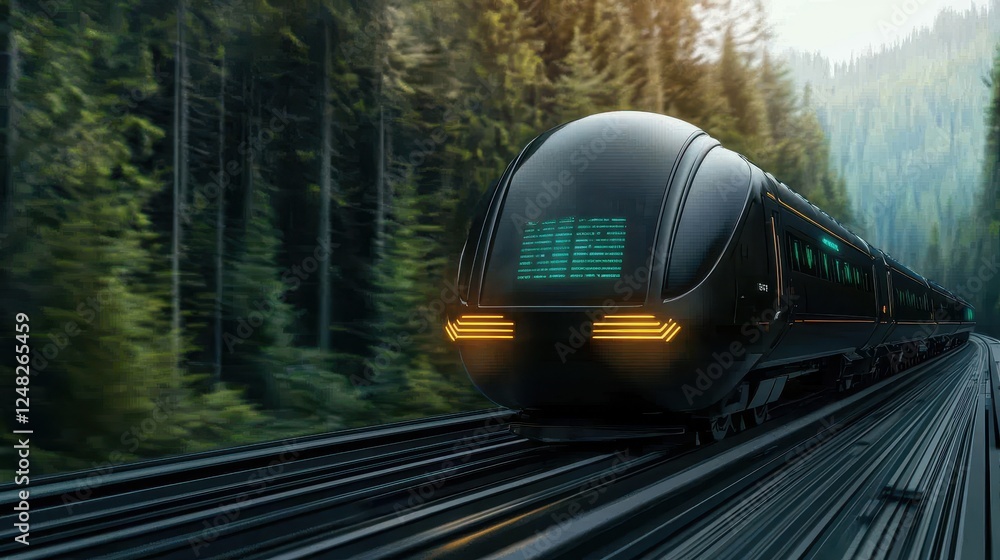 Fototapeta premium A futuristic train gliding through a dense forest, featuring sleek design and glowing accents, symbolizing innovation in transportation.