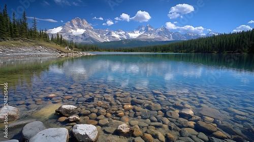 Mountain lake, clear water, calm reflections, sunny day