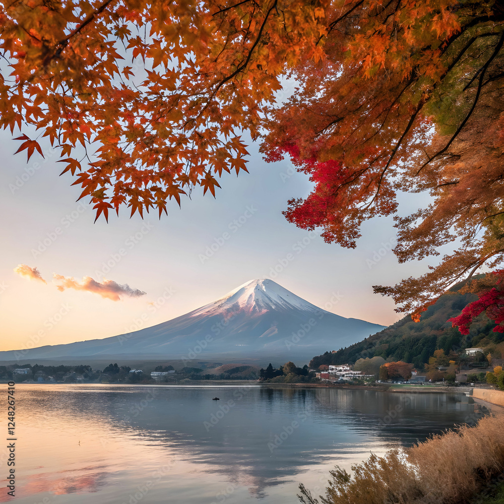 Fototapeta premium Autumn Morning: Mount Fuji Reflected in Kawaguchiko Lake