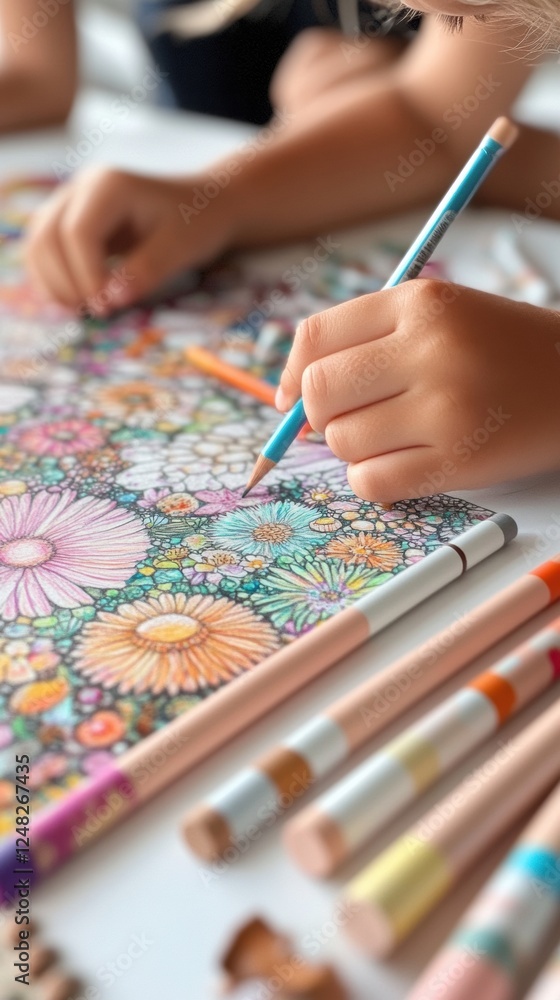Fototapeta premium Child coloring a detailed floral design with colored pencils
