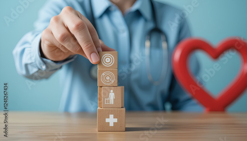 Strategic healthcare planning, wooden blocks with goal, person, and medical plus sign for emergency action plan
