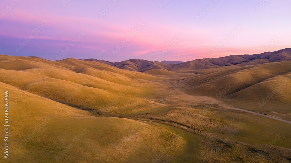 Naklejka premium Golden hills at sunset, rolling hills bathed in warm light, serene landscape highlighting nature's beauty, perfect for relaxation.