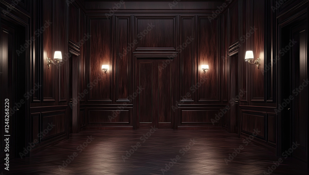 Elegant Dark Wood Interior with Classic Wall Panels and Soft Lighting Elegant Dark Wood Interior with Classic Wall Panels and Soft Lighting