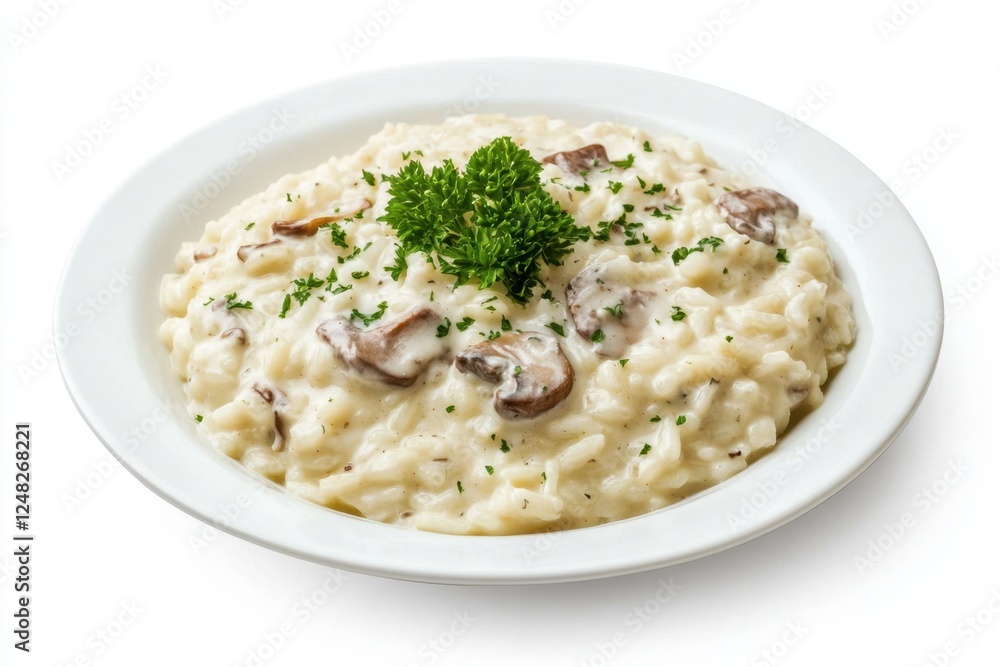 Creamy mushroom risotto garnished with parsley on a white plate Creamy mushroom risotto garnished with parsley on a white plate