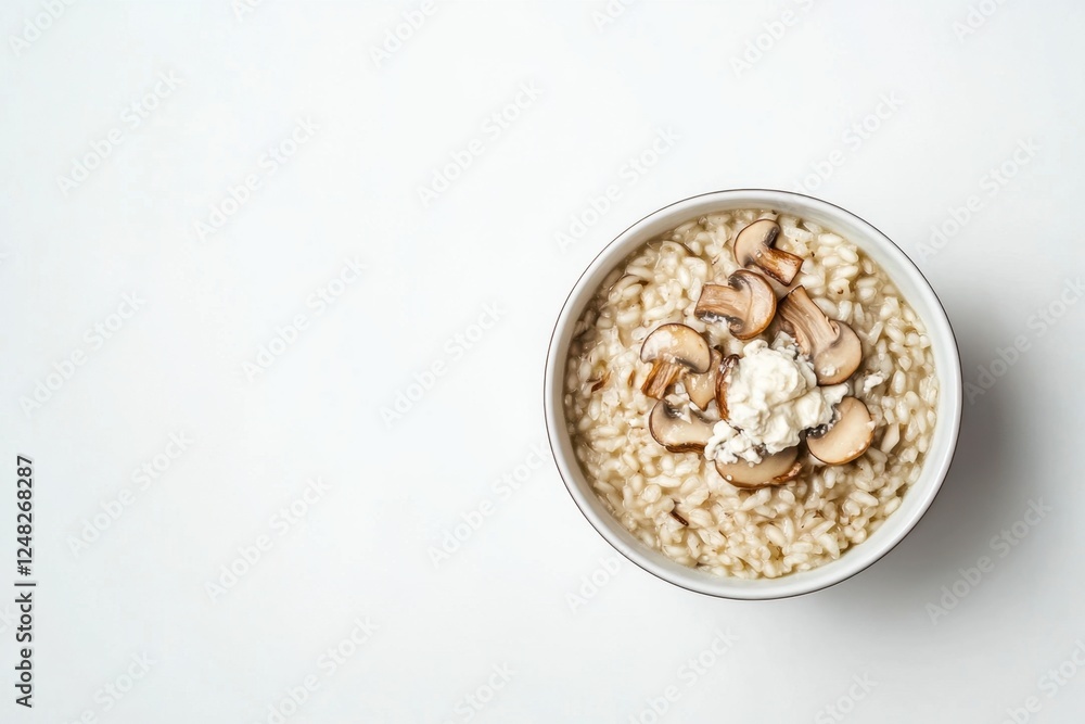 Delicious mushroom risotto served in a bowl on white background Delicious mushroom risotto served in a bowl on white background