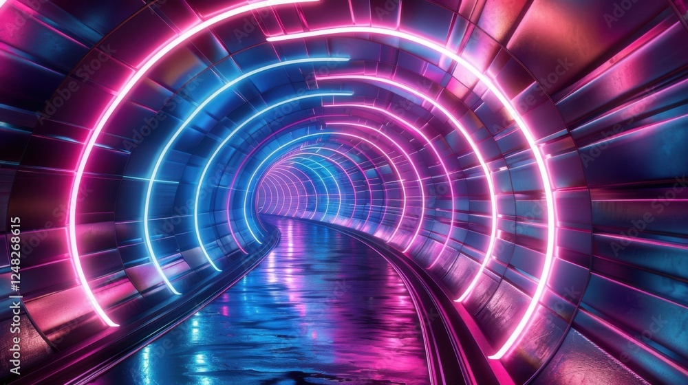 3D render of a futuristic tunnel with vibrant neon lights, creating a mesmerizing pathway of colors 3D render of a futuristic tunnel with vibrant neon lights, creating a mesmerizing pathway of colors
