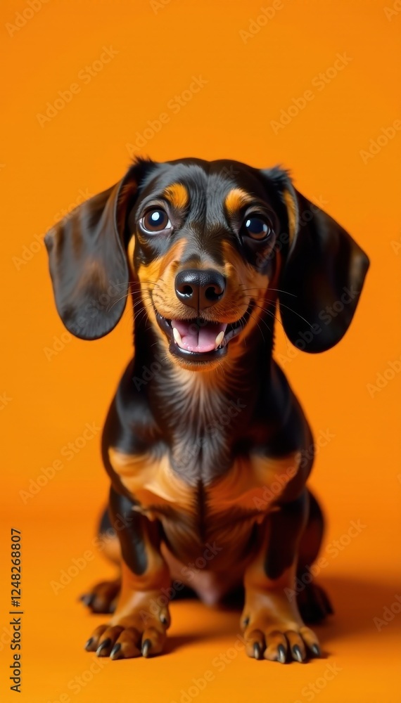 Miniature dachshund, silly expression, bright orange setting, silly expression, bright, pet portrait Miniature dachshund, silly expression, bright orange setting, silly expression, bright, pet portrait