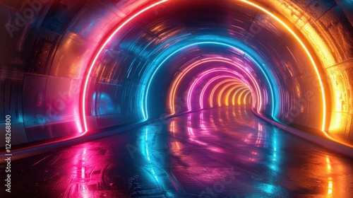 3D render of a futuristic tunnel with vibrant neon lights, creating a mesmerizing pathway of colors