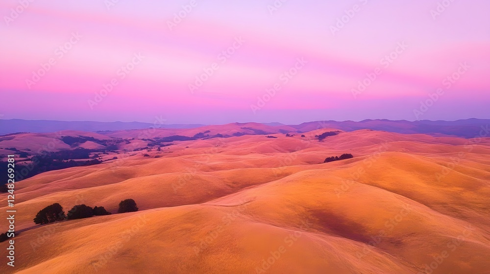 Fototapeta premium Vibrant desert landscape at sunset, rolling sand dunes under a pastel sky, serene and visually stunning, perfect for nature themes.