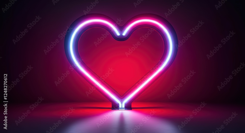 Neon heart light glowing in dark room with pink and blue illuminations Neon heart light glowing in dark room with pink and blue illuminations